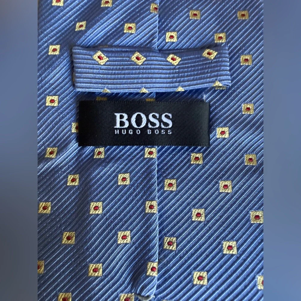 Hugo Boss Blue Tie with Gold Square Dots Silk Cotton Office Business Casual
